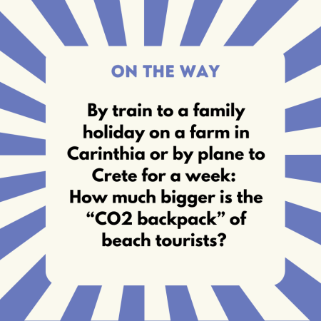 A) around 5 times larger B) around 10 times larger C) around 15 times larger D) around 20 times larger -. Correct answer: B) 10 times larger. A beach holiday in Carinthia causes around 120 kg of CO2 emissions per person, while a holiday on Crete causes around 1,200 kg of CO2 emissions (fussabdrucksrechner.at) Aircraft not only emit a lot of CO2. Their emissions also contain other climate-impacting gases such as nitrogen oxides. Emitted at high altitudes, their impact on the climate is greater than at ground
