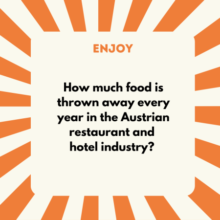 A) 35,000 tonnes B) 51,000 tonnes C) 95,000 tonnes D) 112,000 tonnes — Correct answer: C) 95,000 tonnes. In Austria, around 95,000 tonnes of food from the catering and hotel industry end up in the bin every year - that's as much as 1,000 adult blue whales weigh! You can help to ensure that less food is thrown away - for example, by only taking small portions from the buffet and going back for seconds. (Source: Tirol Tourism Research)