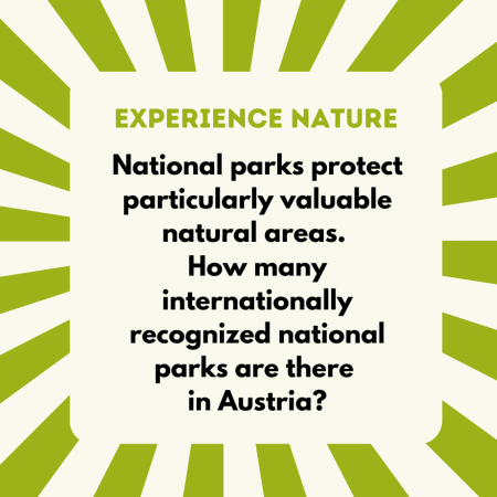A) 2 B) 4 C) 6 D) 8 — Correct answer: C) 6. In Austria there are the national parks Donau-Auen, Gesäuse, Hohe Tauern, Kalkalpen, Neusiedlersee - Seewinkel and Thayatal. Not every nature reserve is automatically a national park. The national park category is awarded when nature conservation has top priority and nature can develop largely undisturbed by humans. 