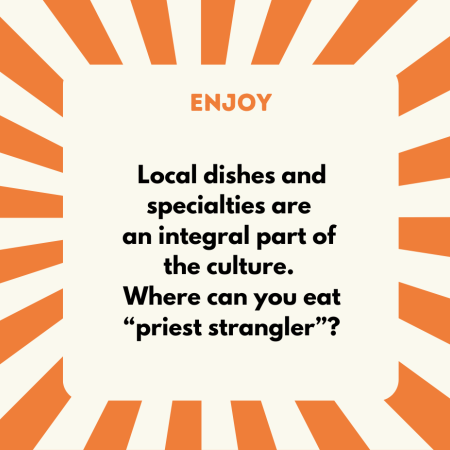 A) Italy B) Argentina C) Spain D) Indonesia - The answer is A: Italy! "Priesterwürger" or "Strozzapreti" refers to a type of pasta from Italy; in some regions, a type of dumpling is also named as such. It is not known why this dish is called priest's choke ... Foreign countries, new flavours. Use your holiday for culinary excursions into regional cuisine. The locally grown produce is fresh and you are supporting regional agriculture.