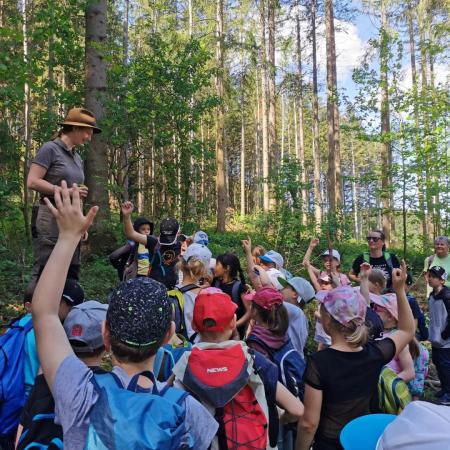 Die VS Semmering im Wald mit Berufsjägerin Anna Siegl bei der SDG-Wanderung "Wasser, Wald und Wandern"